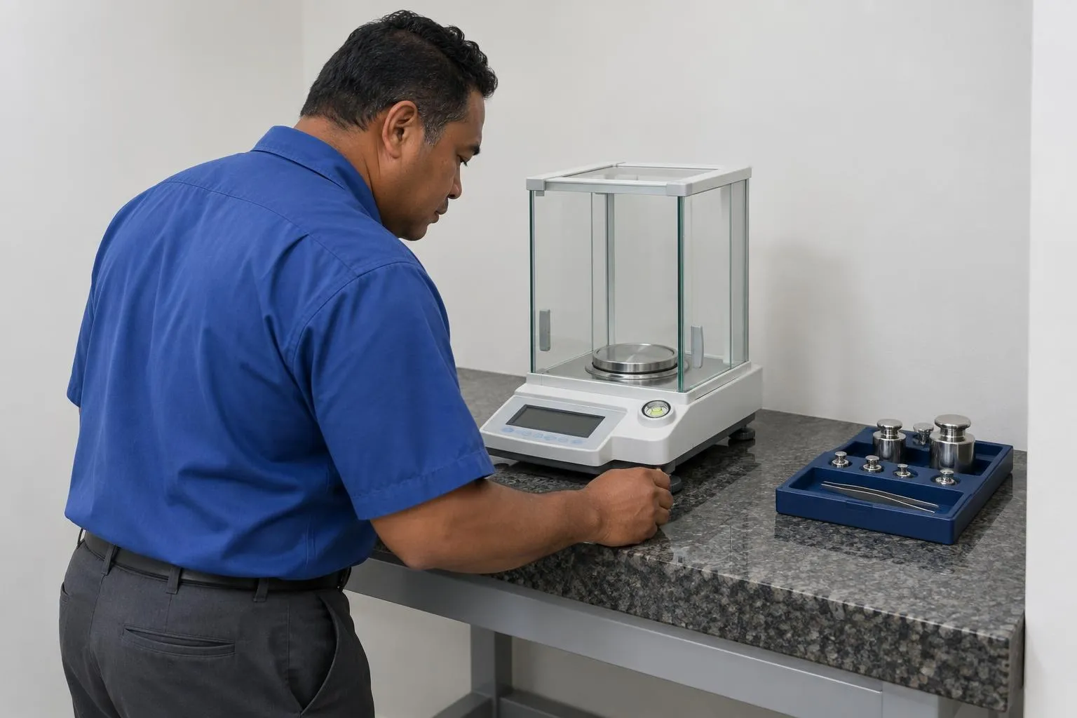 Technician checks a balance’s bubble level and adjusts its foot before calibration, with reference masses waiting nearby.