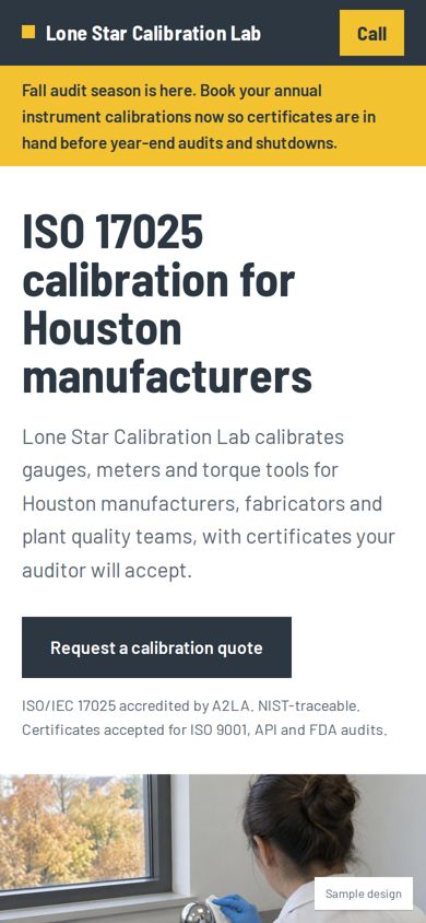 Sample business website, mobile view